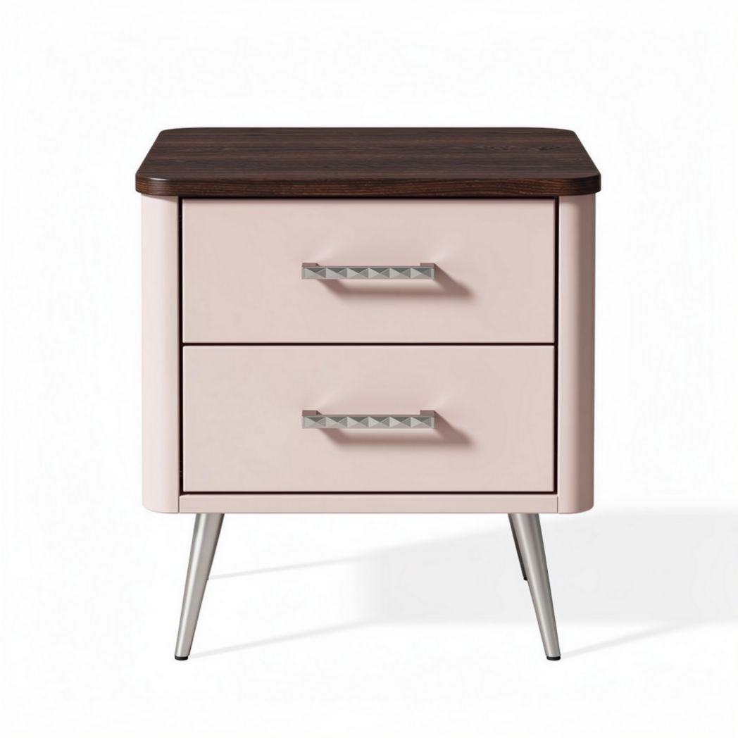 Mesa de cabeceira moderna em madeira e MDF rosa com 2 gavetas 45 x 40 x 50cm