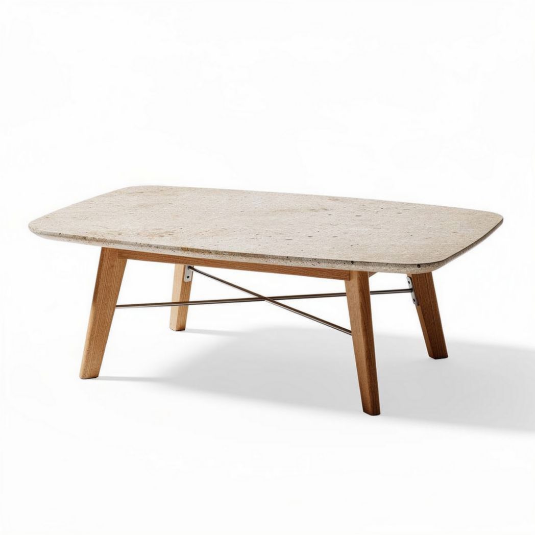 Mesa de café retangular de madeira e superfície de pedra com 120 x 80 x 40cm