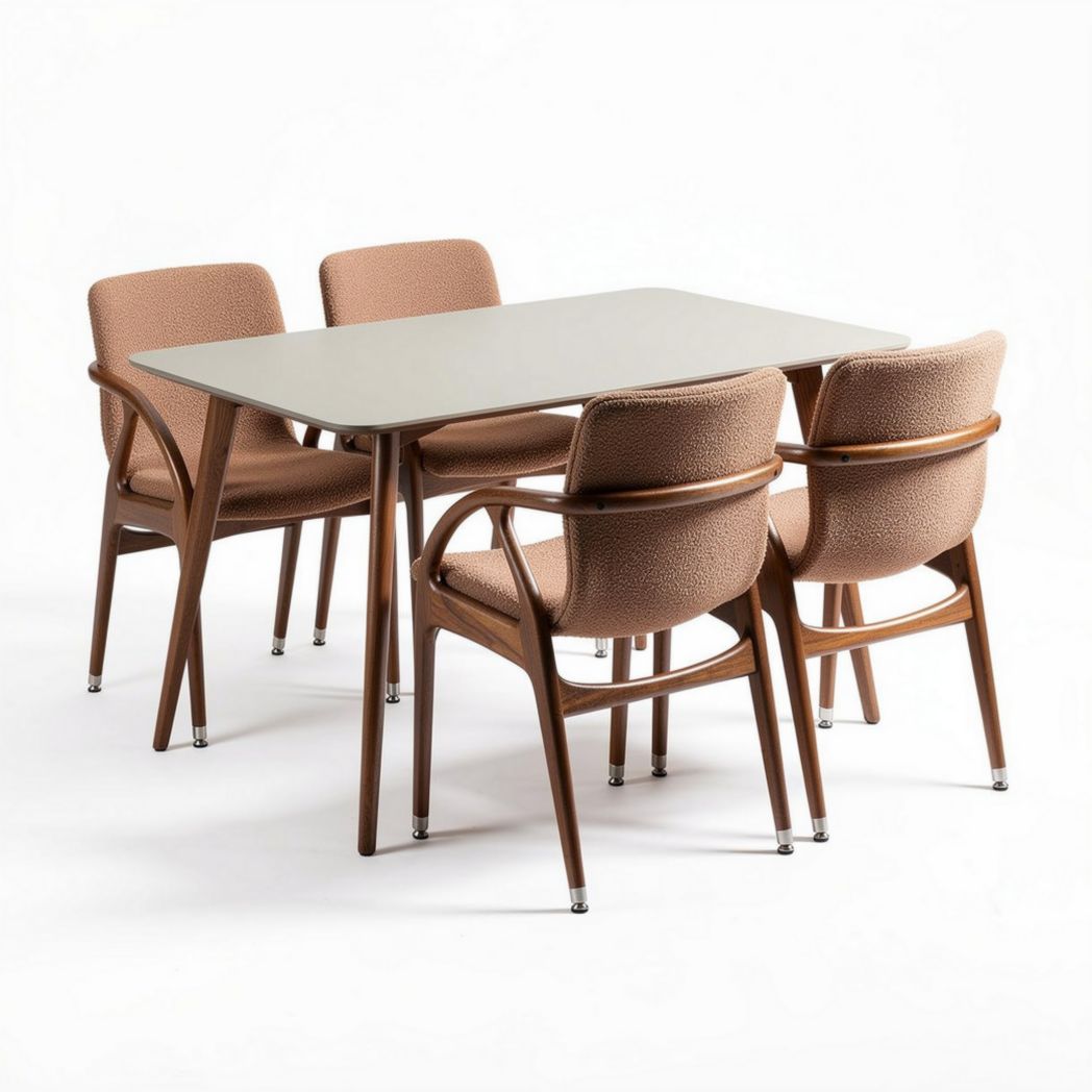 Mesa de jantar retangular em madeira com 4 cadeiras estofadas em tecido bege 90 x 60 x 75cm